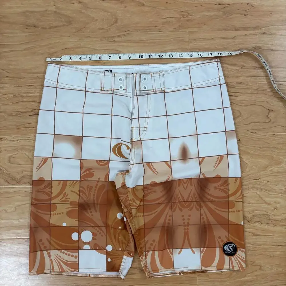 Wave Life Men Fly-Dry Brown White Check Floral Boardshorts Swim Trunks